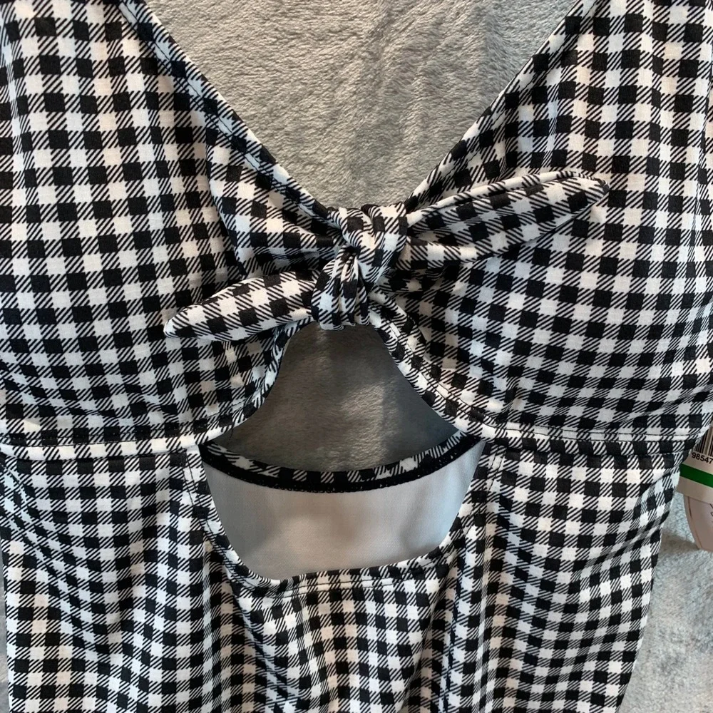 Salt & Cove Womens Gingham One-Piece Swimsuit Black White Tie Front Cutout L NEW